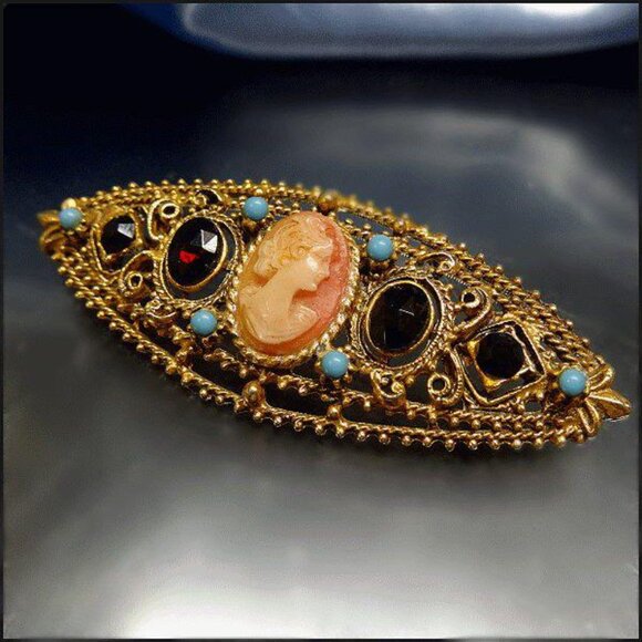 1950s Signed Florenza Ruby Crystal Antique Style Cameo Bar Pin SKU: 16949 - Picture 2 of 4